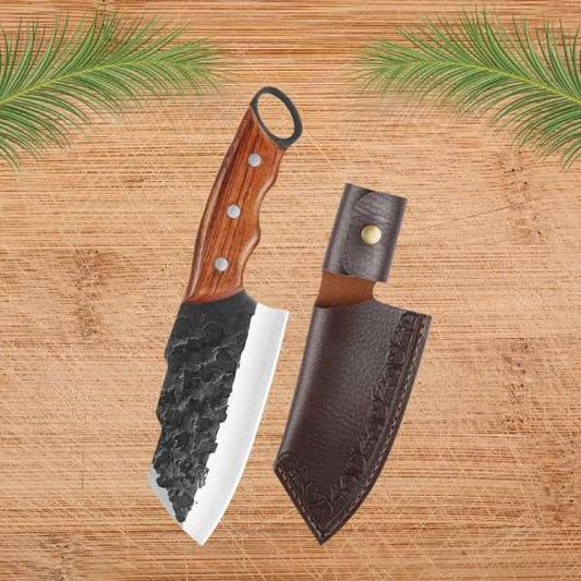 couteau de boucher avec poignée en bois et etui en cuir